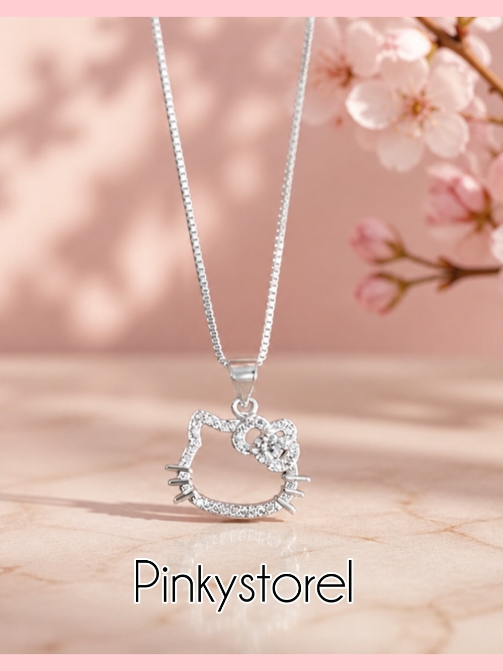Hello Kitty Silver Crystal Outline Pendant Necklace with Floral Bow